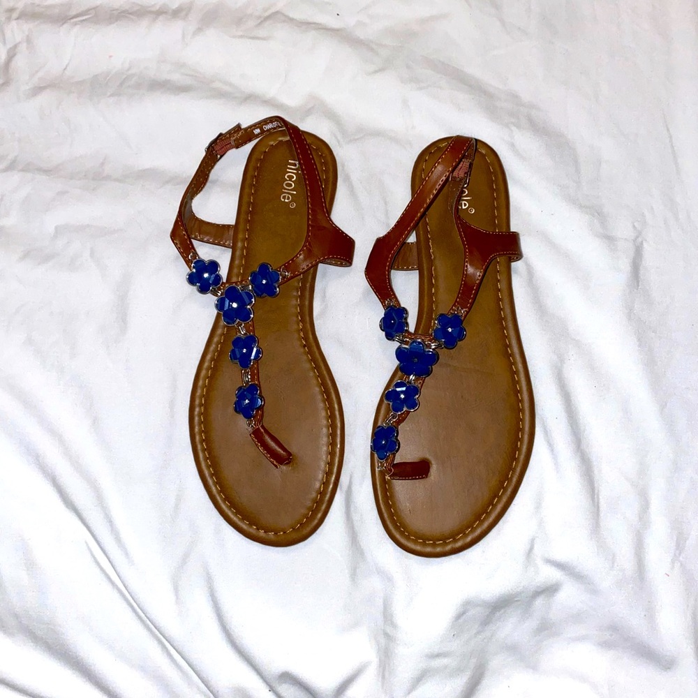 New brown and blue floral flat sandals